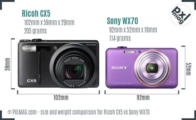 Ricoh CX5 vs Sony WX70 size comparison