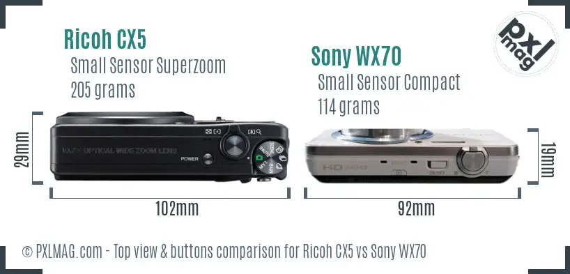 Ricoh CX5 vs Sony WX70 top view buttons comparison