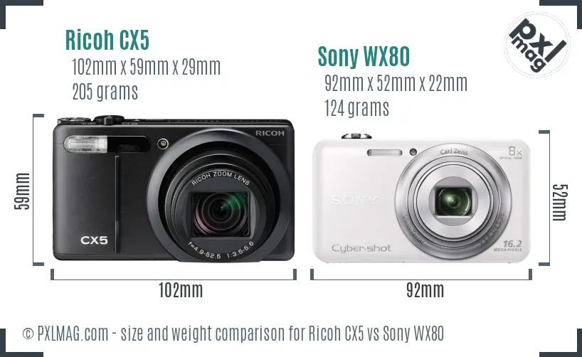Ricoh CX5 vs Sony WX80 size comparison