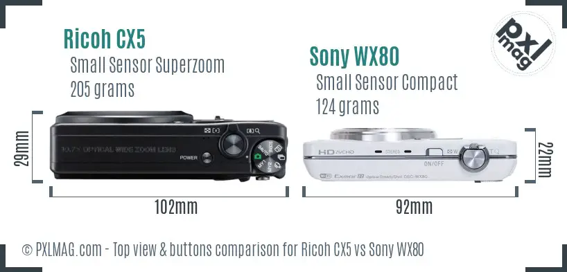 Ricoh CX5 vs Sony WX80 top view buttons comparison