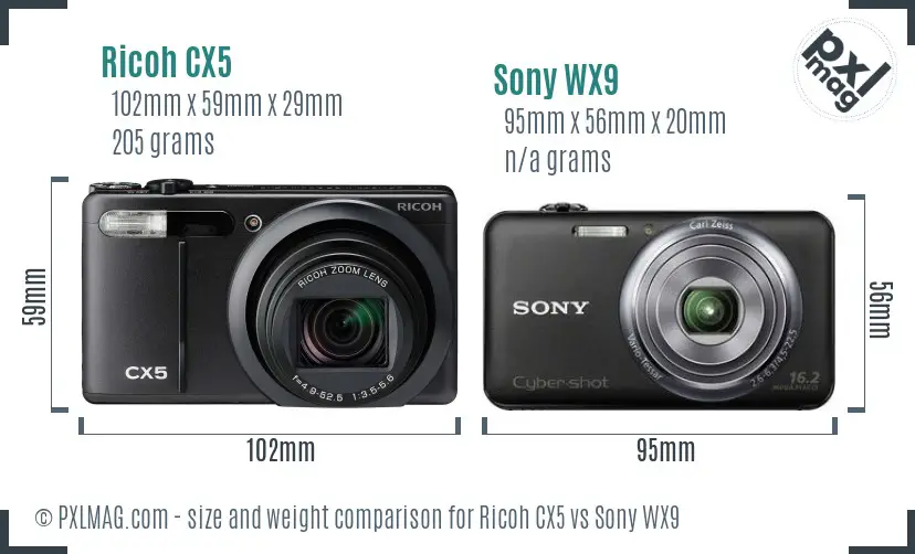 Ricoh CX5 vs Sony WX9 size comparison