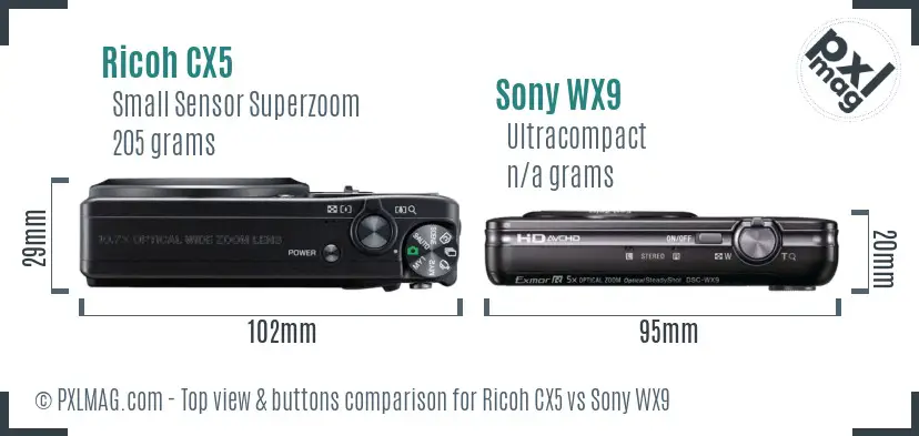 Ricoh CX5 vs Sony WX9 top view buttons comparison