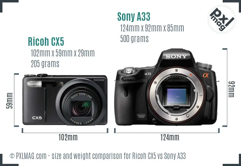 Ricoh CX5 vs Sony A33 size comparison