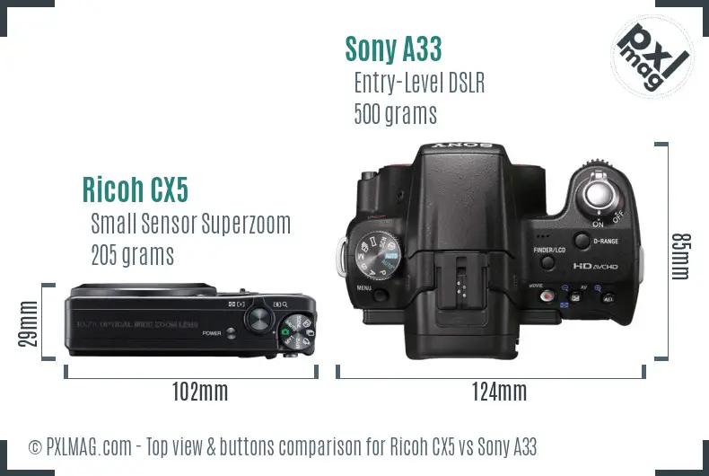 Ricoh CX5 vs Sony A33 top view buttons comparison