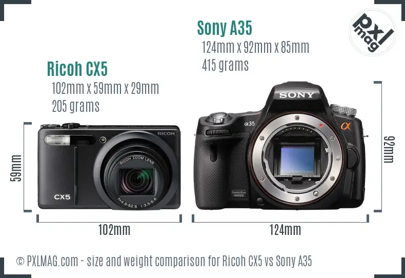 Ricoh CX5 vs Sony A35 size comparison