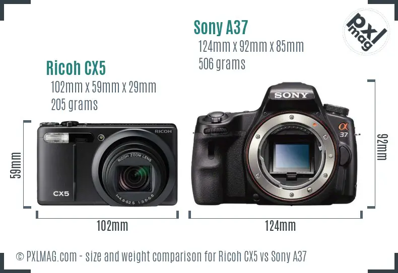 Ricoh CX5 vs Sony A37 size comparison