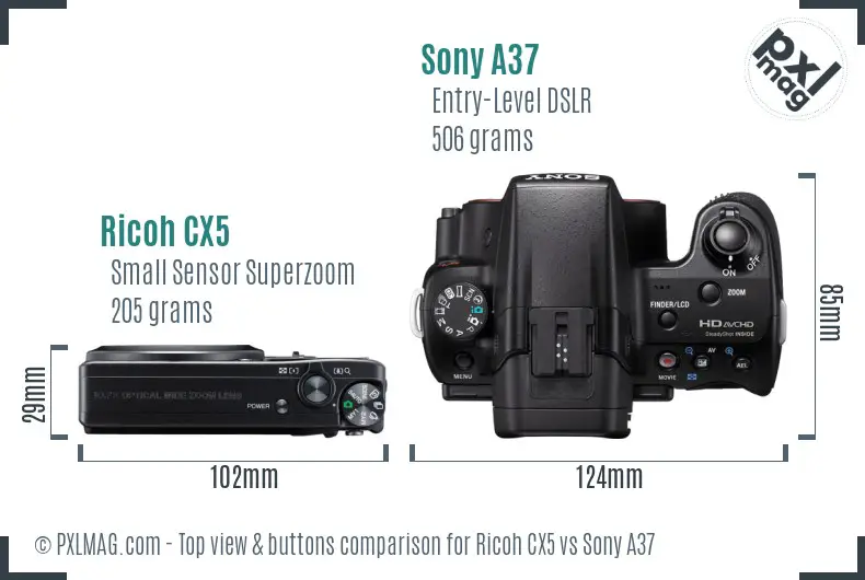 Ricoh CX5 vs Sony A37 top view buttons comparison