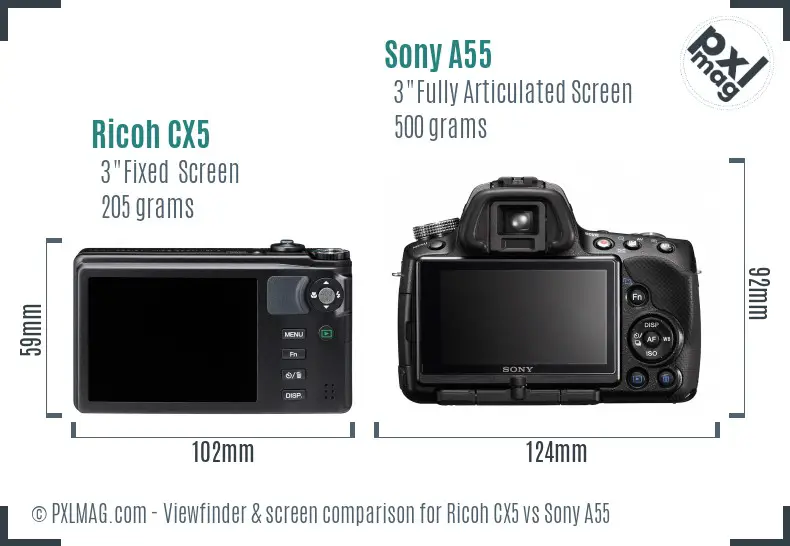 Ricoh CX5 vs Sony A55 Screen and Viewfinder comparison