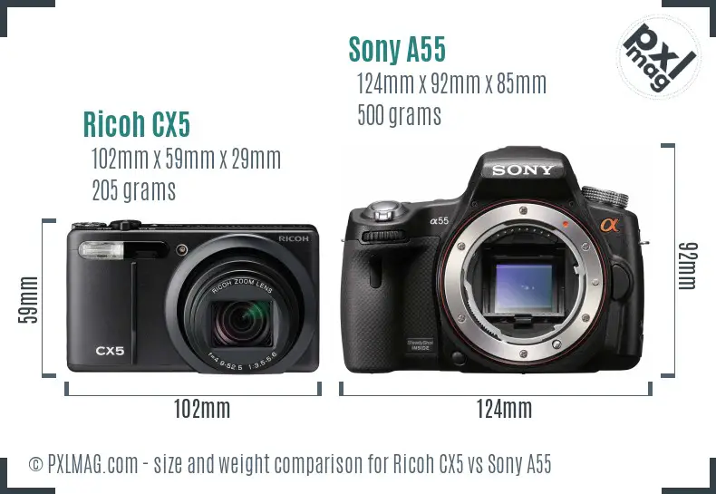 Ricoh CX5 vs Sony A55 size comparison