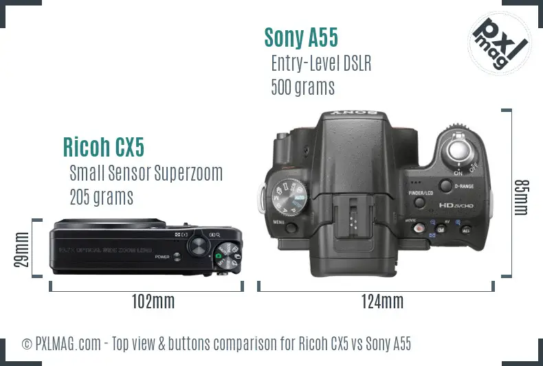 Ricoh CX5 vs Sony A55 top view buttons comparison