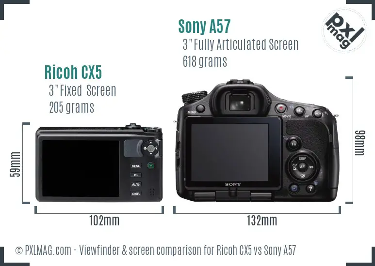 Ricoh CX5 vs Sony A57 Screen and Viewfinder comparison