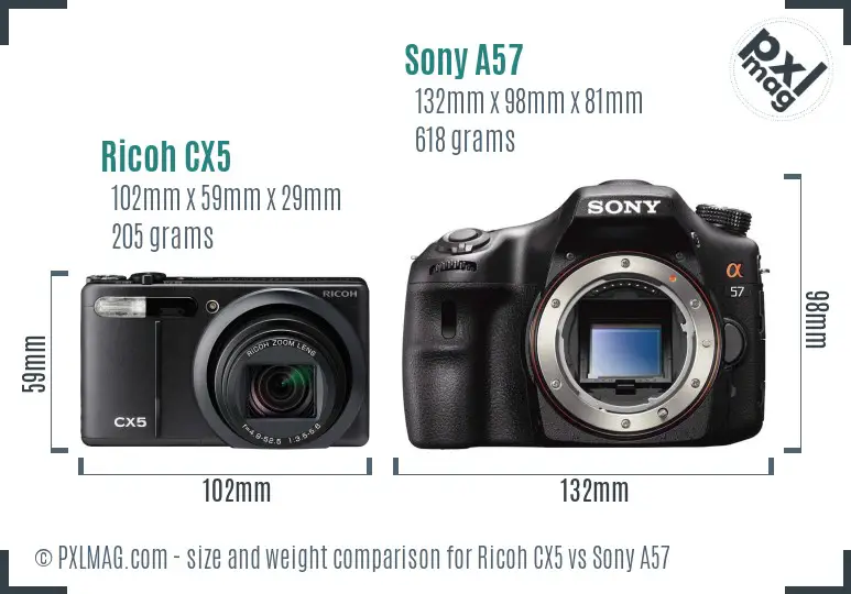 Ricoh CX5 vs Sony A57 size comparison