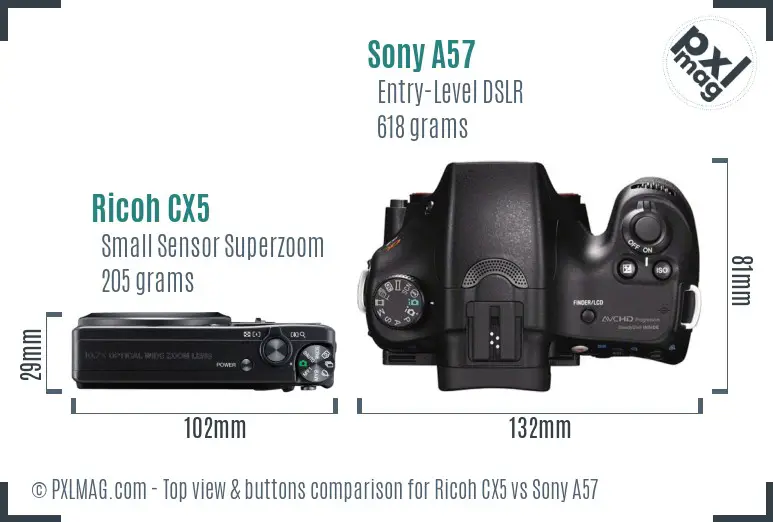 Ricoh CX5 vs Sony A57 top view buttons comparison