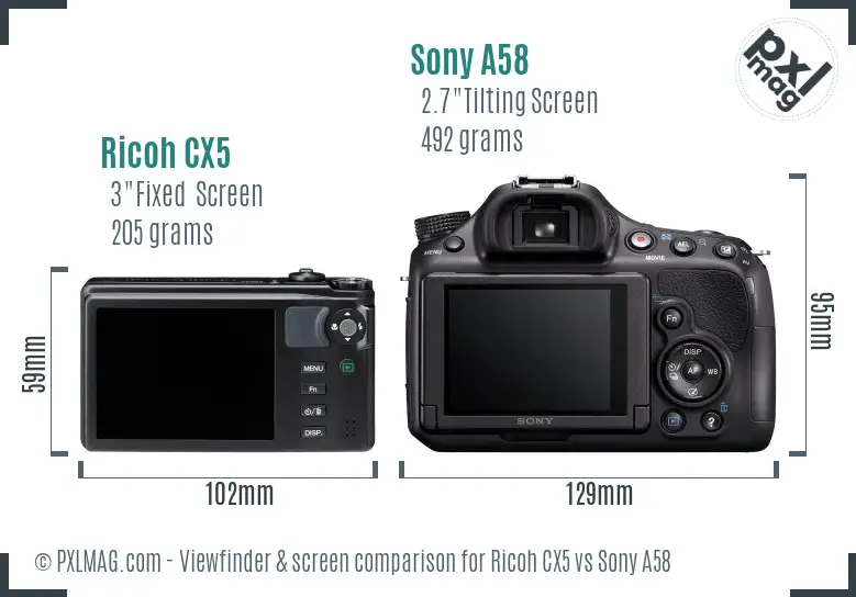 Ricoh CX5 vs Sony A58 Screen and Viewfinder comparison