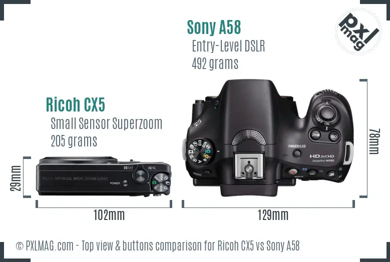 Ricoh CX5 vs Sony A58 top view buttons comparison