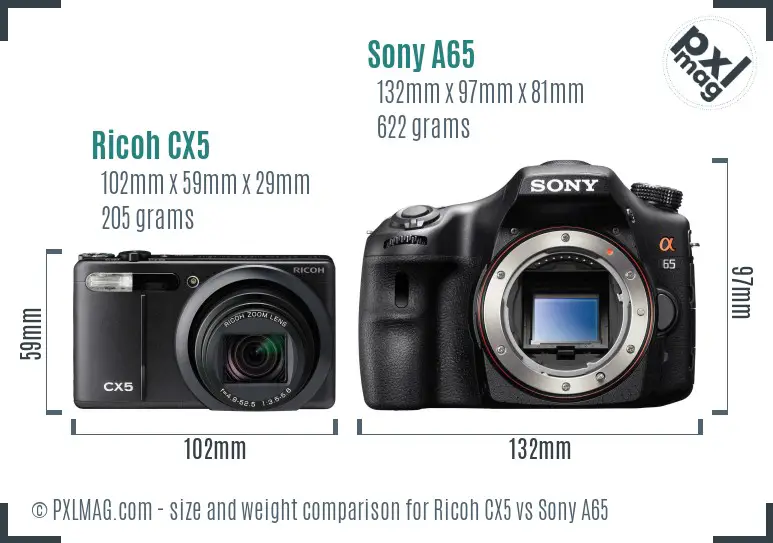 Ricoh CX5 vs Sony A65 size comparison