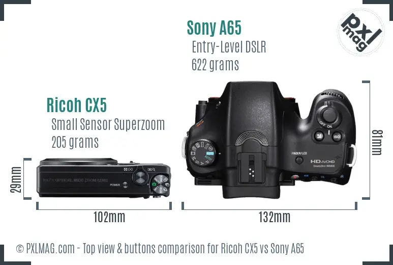 Ricoh CX5 vs Sony A65 top view buttons comparison