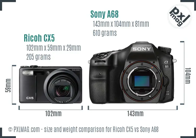Ricoh CX5 vs Sony A68 size comparison