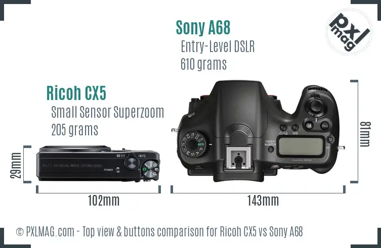 Ricoh CX5 vs Sony A68 top view buttons comparison