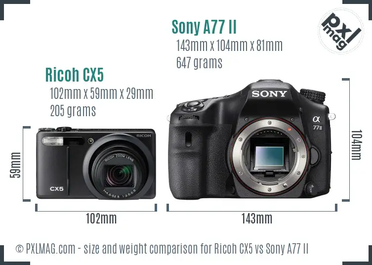 Ricoh CX5 vs Sony A77 II size comparison