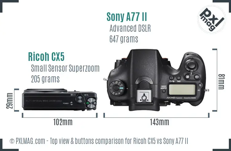 Ricoh CX5 vs Sony A77 II top view buttons comparison