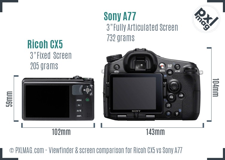 Ricoh CX5 vs Sony A77 Screen and Viewfinder comparison
