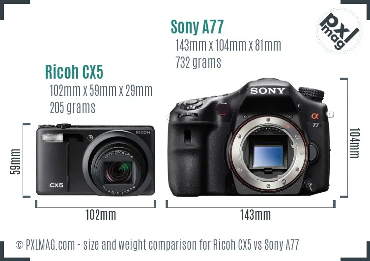 Ricoh CX5 vs Sony A77 size comparison