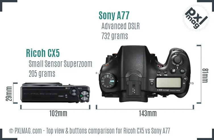 Ricoh CX5 vs Sony A77 top view buttons comparison