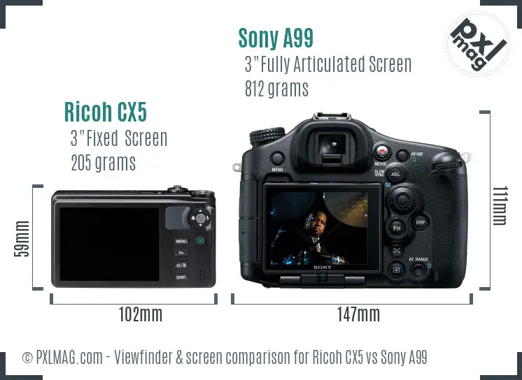 Ricoh CX5 vs Sony A99 Screen and Viewfinder comparison