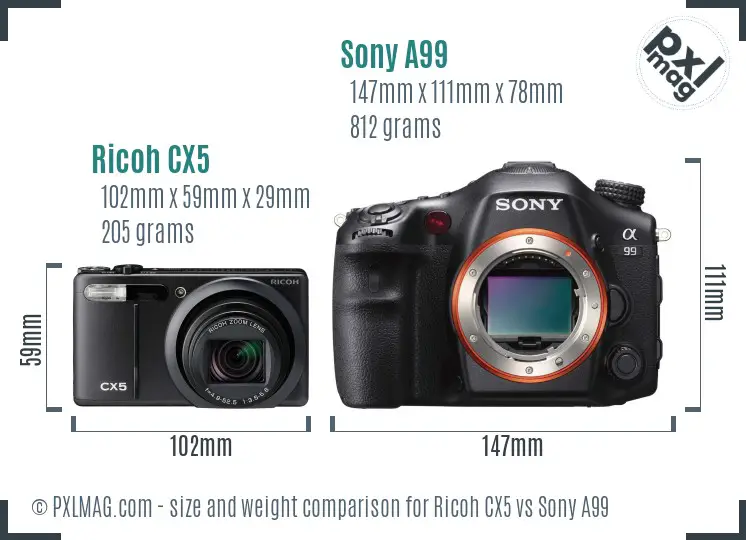 Ricoh CX5 vs Sony A99 size comparison