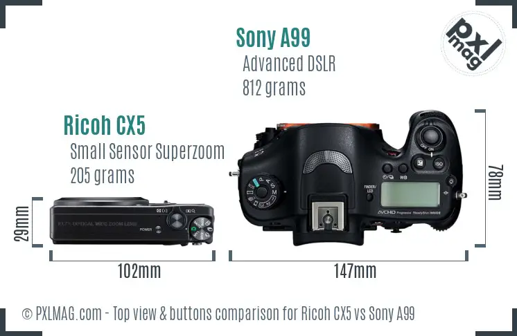 Ricoh CX5 vs Sony A99 top view buttons comparison