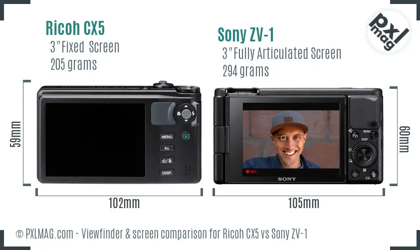 Ricoh CX5 vs Sony ZV-1 Screen and Viewfinder comparison