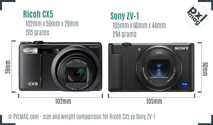Ricoh CX5 vs Sony ZV-1 size comparison