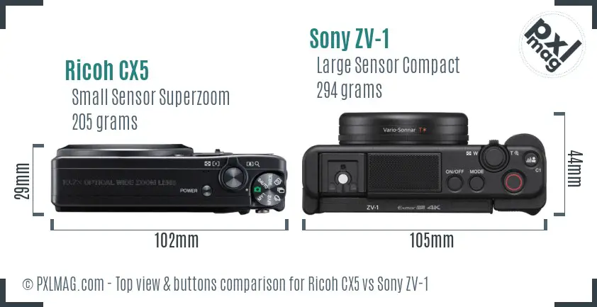 Ricoh CX5 vs Sony ZV-1 top view buttons comparison