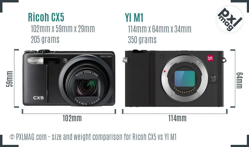 Ricoh CX5 vs YI M1 size comparison