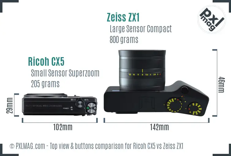 Ricoh CX5 vs Zeiss ZX1 top view buttons comparison