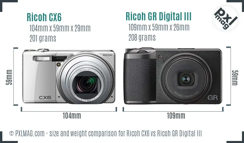 Ricoh CX6 vs Ricoh GR Digital III size comparison