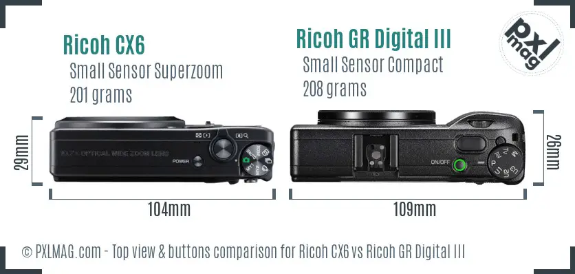 Ricoh CX6 vs Ricoh GR Digital III top view buttons comparison