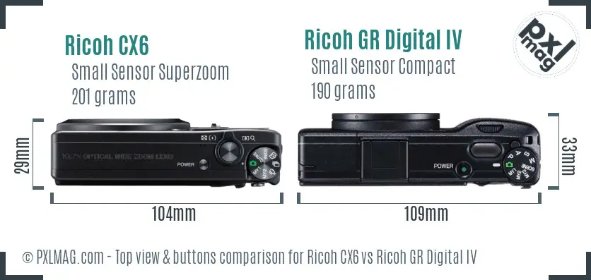 Ricoh CX6 vs Ricoh GR Digital IV top view buttons comparison