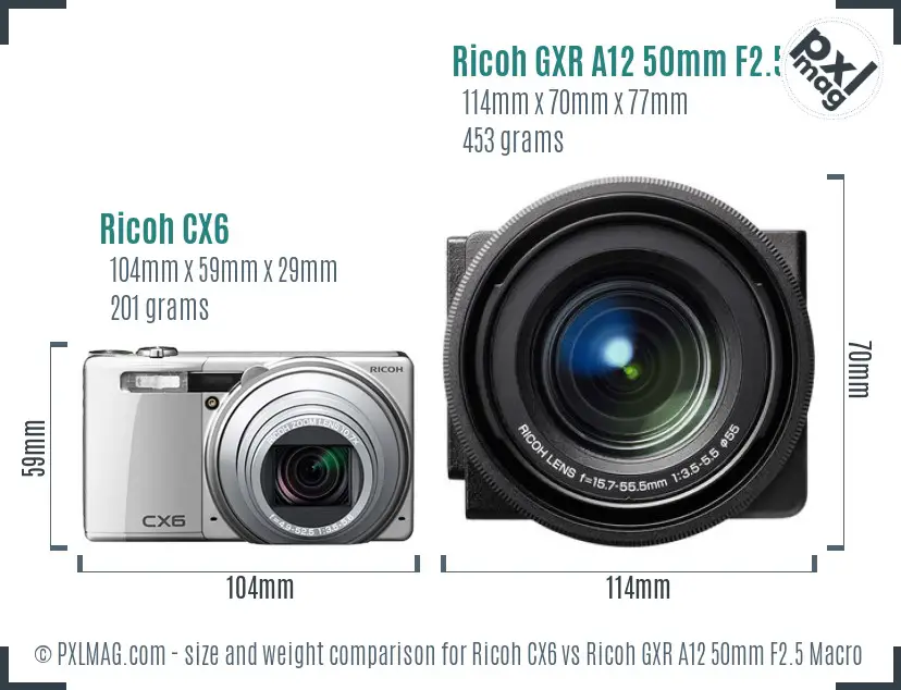 Ricoh CX6 vs Ricoh GXR A12 50mm F2.5 Macro size comparison