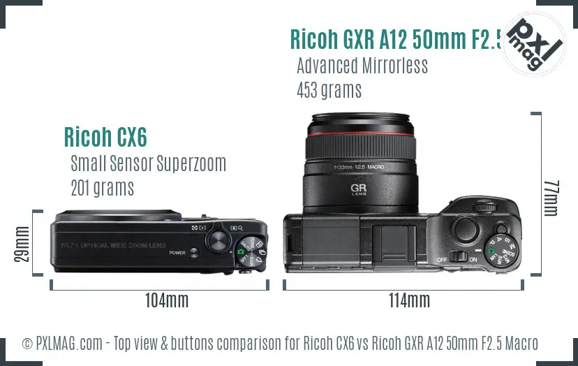 Ricoh CX6 vs Ricoh GXR A12 50mm F2.5 Macro top view buttons comparison