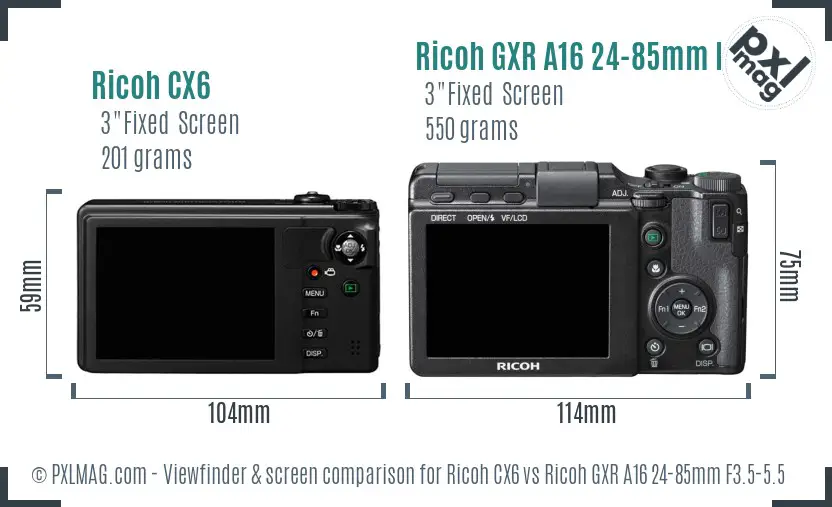 Ricoh CX6 vs Ricoh GXR A16 24-85mm F3.5-5.5 Screen and Viewfinder comparison