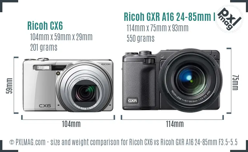Ricoh CX6 vs Ricoh GXR A16 24-85mm F3.5-5.5 size comparison