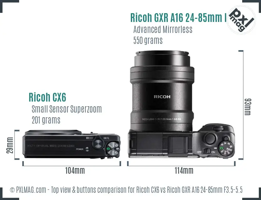 Ricoh CX6 vs Ricoh GXR A16 24-85mm F3.5-5.5 top view buttons comparison