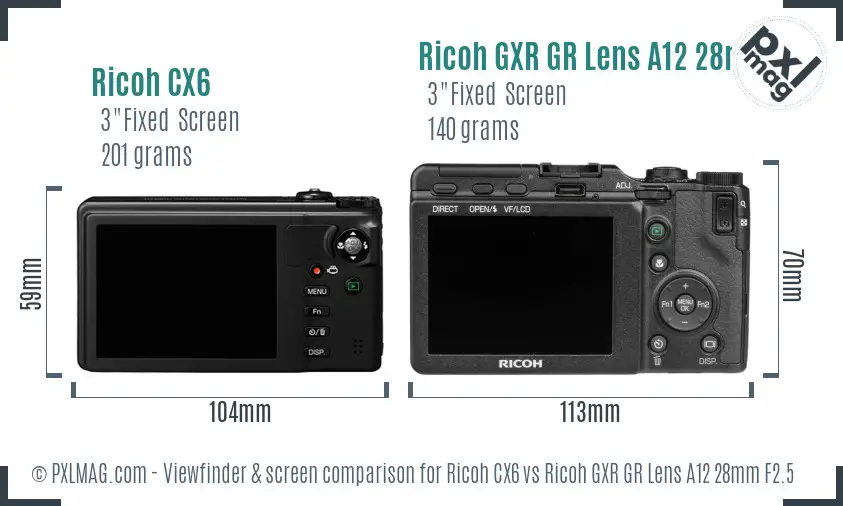 Ricoh CX6 vs Ricoh GXR GR Lens A12 28mm F2.5 Screen and Viewfinder comparison