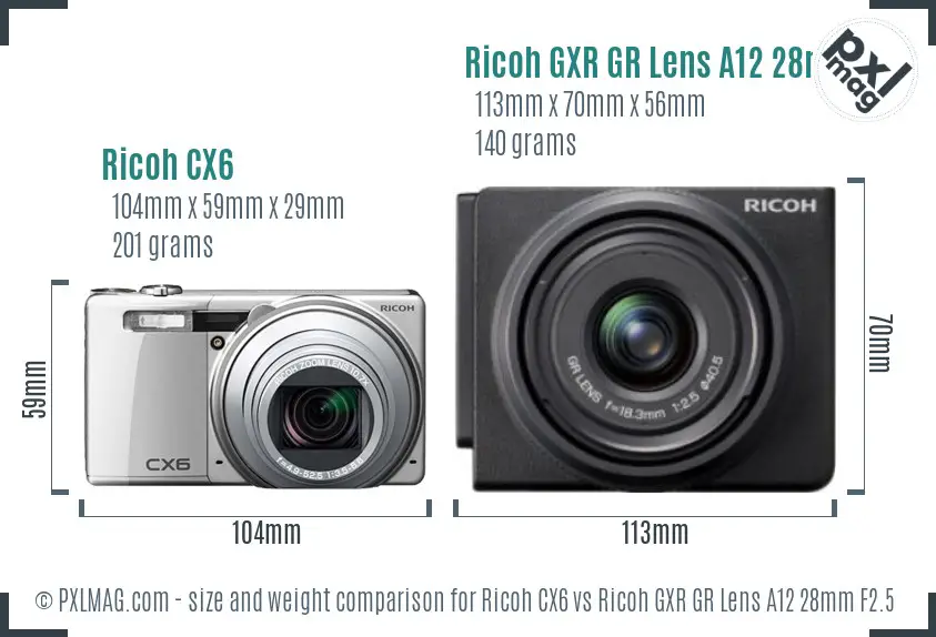 Ricoh CX6 vs Ricoh GXR GR Lens A12 28mm F2.5 size comparison