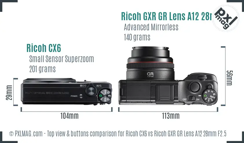 Ricoh CX6 vs Ricoh GXR GR Lens A12 28mm F2.5 top view buttons comparison