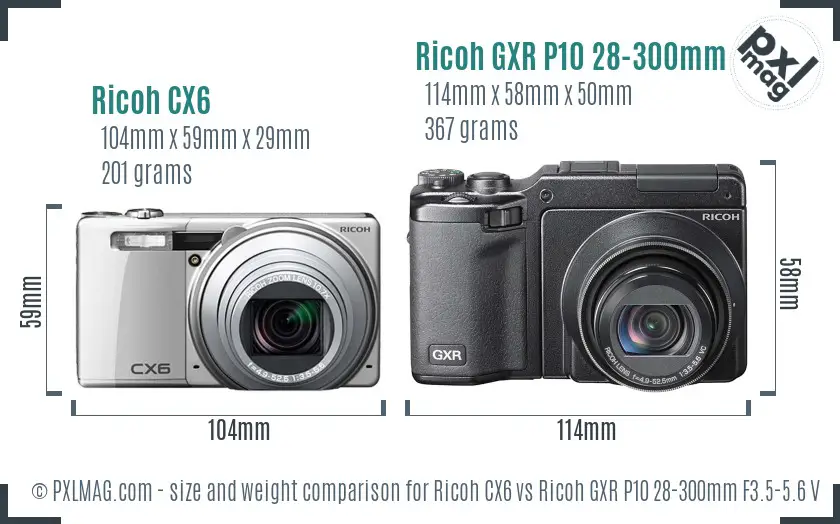 Ricoh CX6 vs Ricoh GXR P10 28-300mm F3.5-5.6 VC size comparison