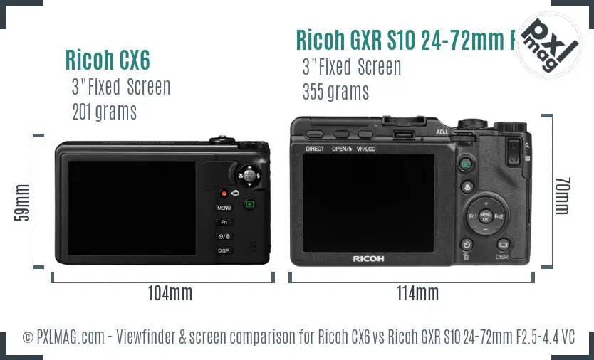 Ricoh CX6 vs Ricoh GXR S10 24-72mm F2.5-4.4 VC Screen and Viewfinder comparison