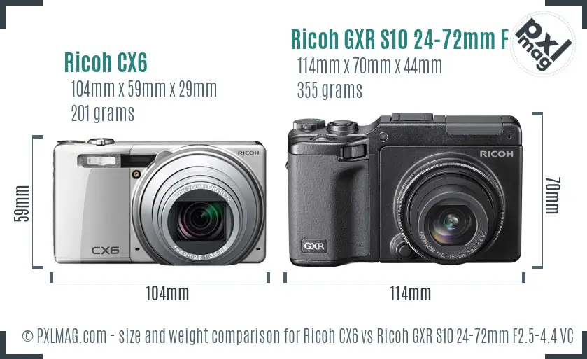 Ricoh CX6 vs Ricoh GXR S10 24-72mm F2.5-4.4 VC size comparison